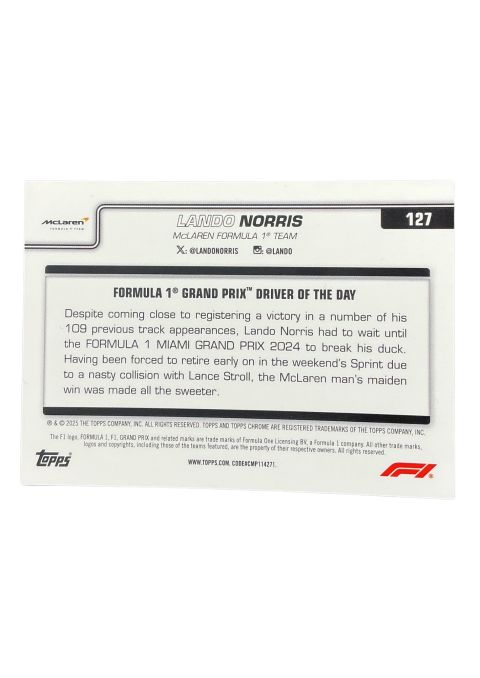 2025 Topps Chrome Formula 1 Driver Of The Day Lando Norris Mclaran F1 Team #127
Back