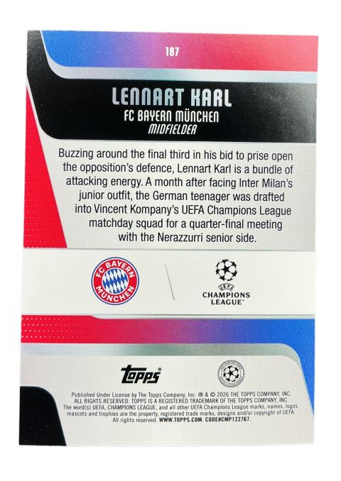 2026 Topps UEFA Club Competitions Lennart Harl RC #187
Back