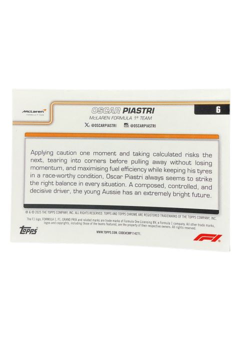 2025 Topps Chrome Formula 1 Oscar Piastri Mclaren F1 Team #6
Back