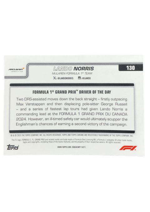 2025 Topps Chrome Formula 1 Driver Of The Day Lando Norris Mclaran F1 Team #130
Back