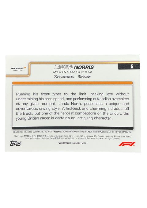 2025 Topps Chrome Formula 1 Lando Norris Mclaran F1 Team #5
Back