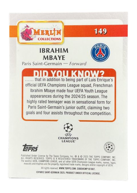 2025 Topps Merlin UEFA Ibrahim Mbaye RC #149
Back