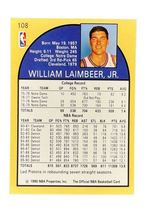 1990 NBA Hoops Bill Laimbeer #108 Back