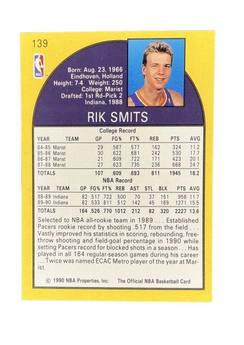 1990 NBA Hoops Rik Smits #139 Back