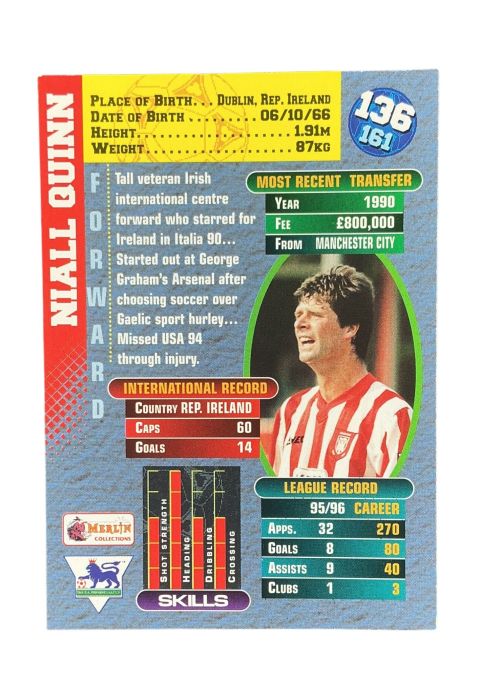 1996 Merlin Premier Gold Niall Quinn #136 Back