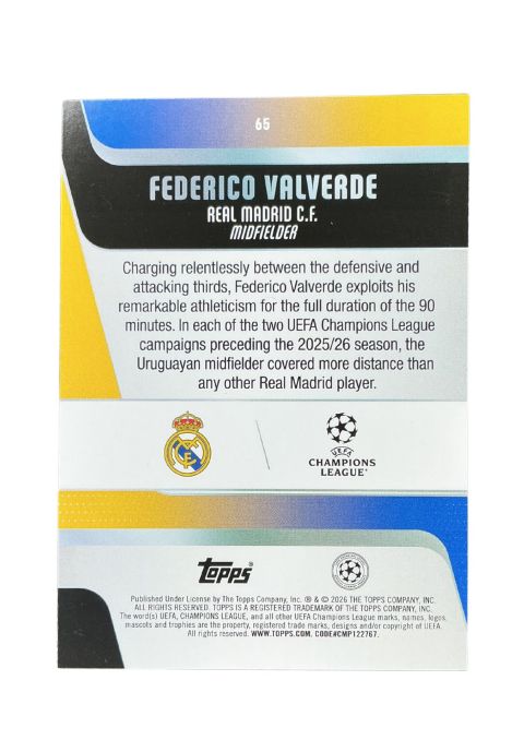 2025-26 Topps UEFA Club Competitions Federico Valverde #65 Back