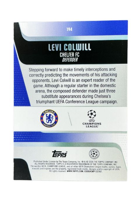 2025-26 Topps UEFA Club Competitions Levi Colwill #194 Back