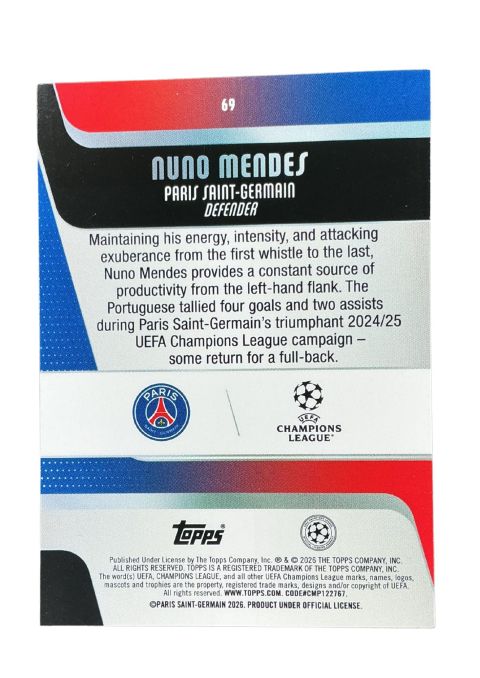 2025-26 Topps UEFA Club Competitions Nuno Mendes #69 Back