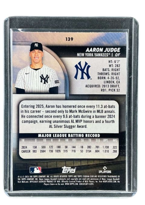 2025 Topps Stadium Club Baseball Aaron Judge #139
 Back