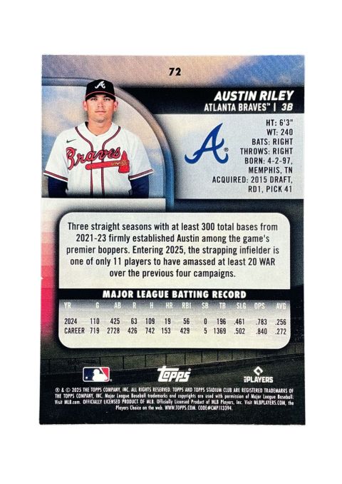 2025 Topps Stadium Club Baseball Austin Riley #72 Back