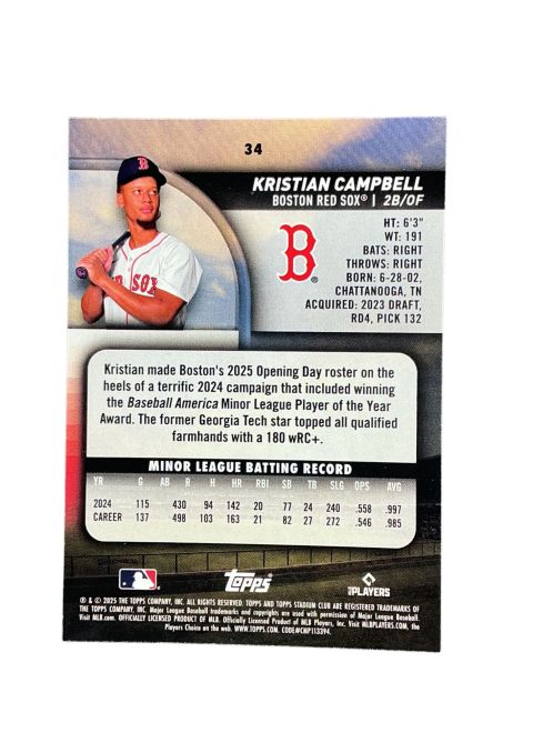 2025 Topps Stadium Club Baseball Kristian Campbell RC #34 Back
