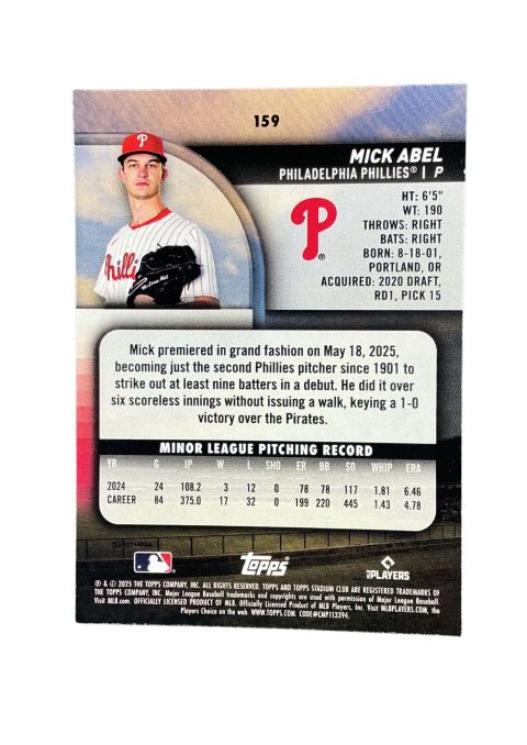 2025 Topps Stadium Club Baseball Mick Abel RC #159 Back