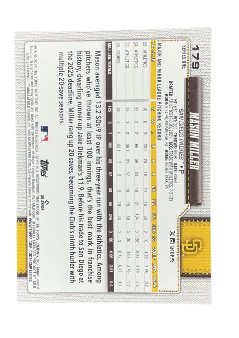 2026 Topps Series 1 75th Anniversary Mason Miller #179 Back