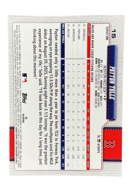 2026 Topps Series 1 75th Anniversary Payton Tolle #15 Back