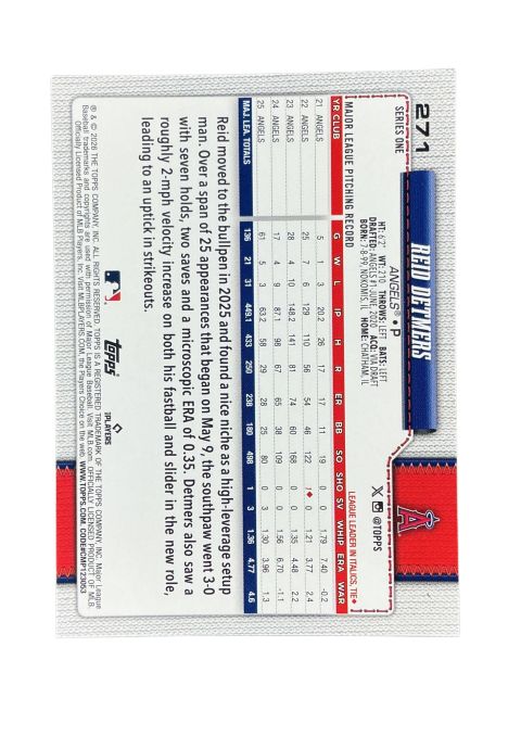 2026 Topps Series 1 75th Anniversary Reid Detmers #271 Back