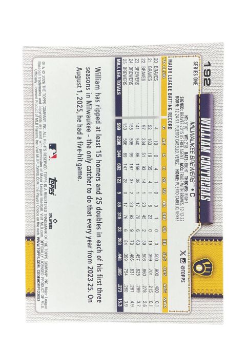 2026 Topps Series 1 75th Anniversary William Contreras #192 Back