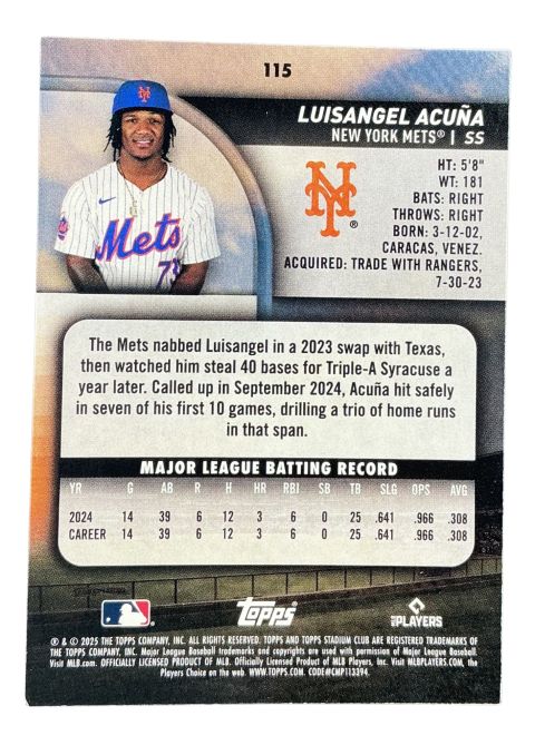 2025 Topps Stadium Club Baseball Luisangel Acuna RC #115
Back