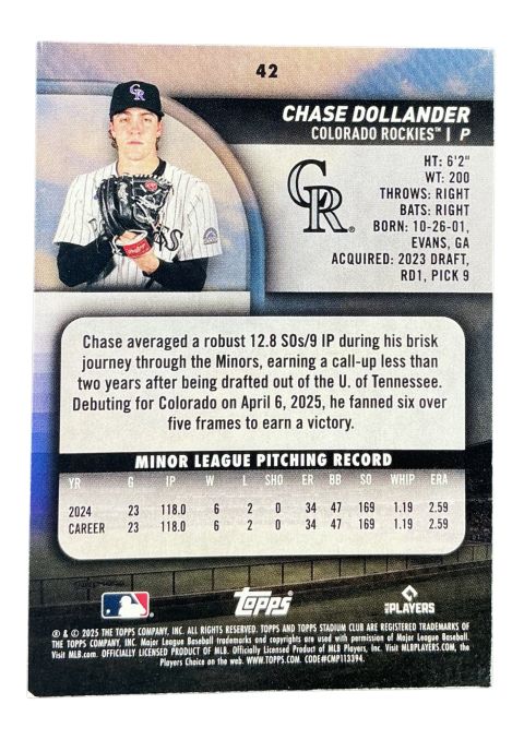 2025 Topps Stadium Club Baseball Chase Dollander #42
Back