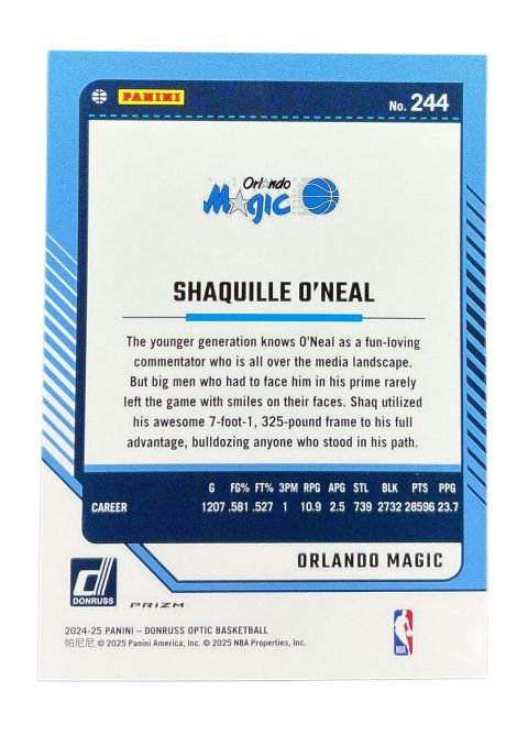2024-25 Panini Donruss Optic Basketball Shaquille O'Meal #244
Back