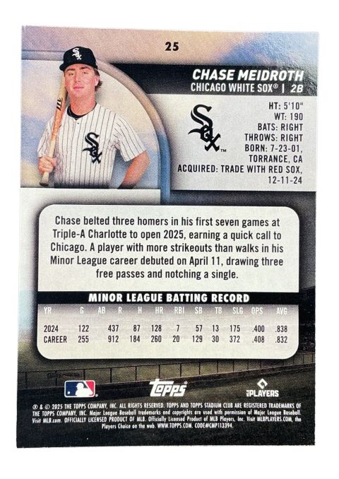 2025 Topps Stadium Club Baseball Chase Meidroth #25
Back