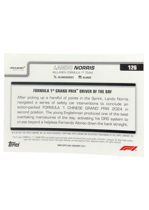 2025 Topps Chrome Formula 1 Lando Norris Mclaran F1 Team #126
Back