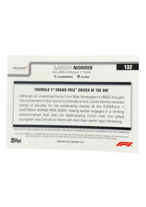 2025 Topps Chrome Formula 1 Driver Of The Day Lando Norris Mclaran F1 Team #136
Back