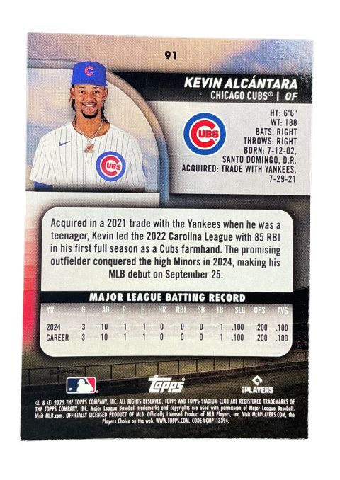 2025 Topps Stadium Club Baseball Kevin Alcantara #91
Back