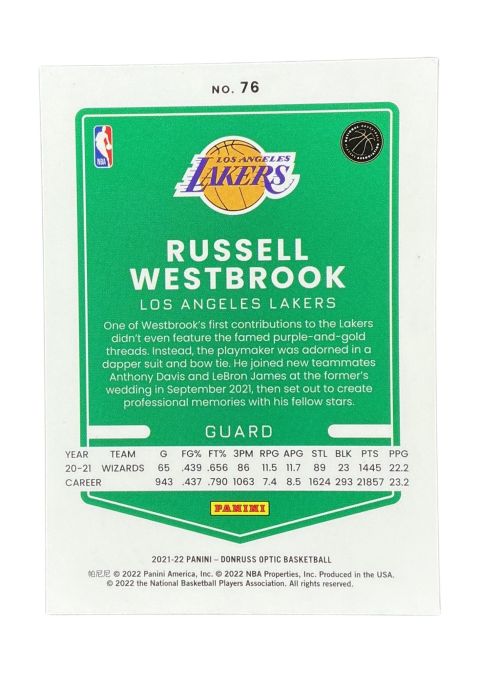 2021-22 Panini Donruss Optic Basketball Russell Westbrook #76 Back
