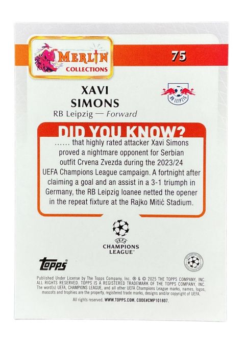 2024-2025 Topps Merlin UCC Xavi Simons #75 Back