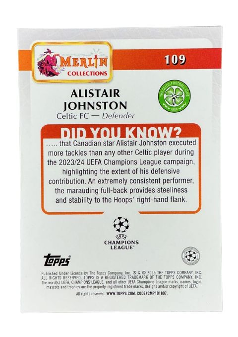 2024-25 Topps Merlin UCC Alistair Johnston #109 Back