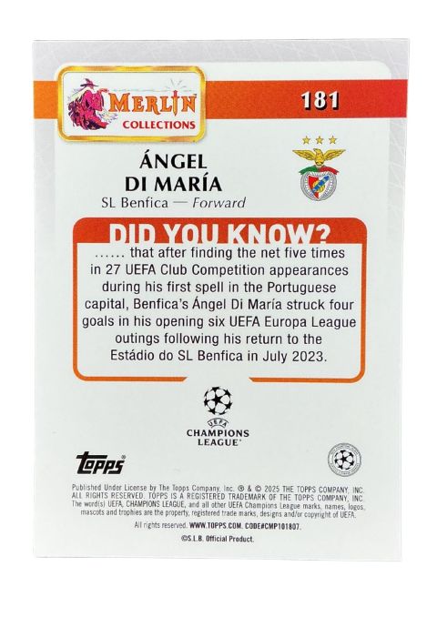2024-25 Topps Merlin UCC Angel Di Maria #181 Back