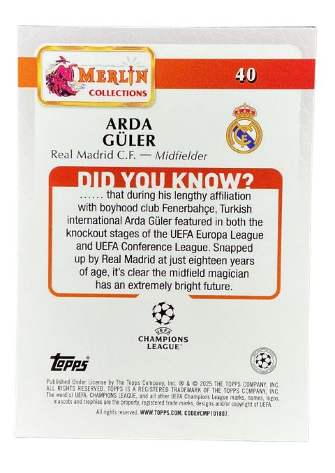 2024-25 Topps Merlin UCC Arda Guler #40 Back