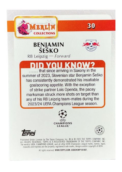 2024-25 Topps Merlin UCC Benjamin Sesko #30 Back