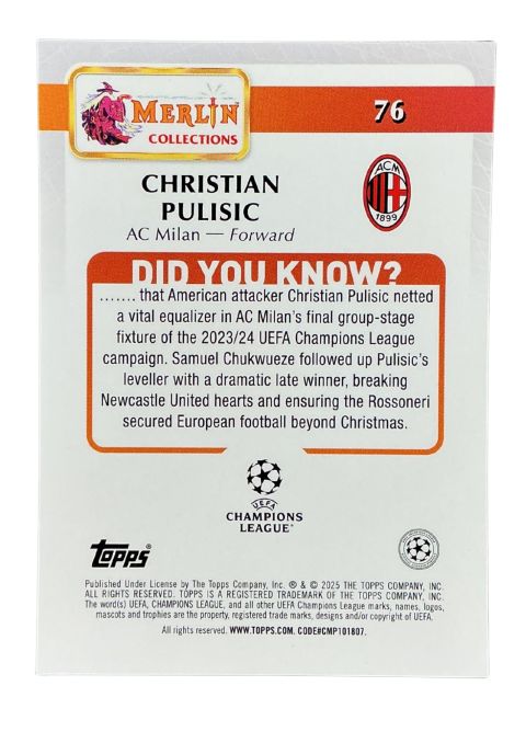 2024-25 Topps Merlin UCC Christian Pulisic #76 Back