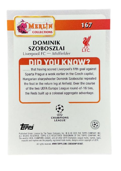 2024-25 Topps Merlin UCC Dominik Szoboszlai #167 Back