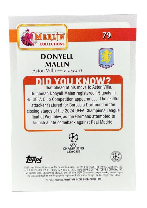 2024-25 Topps Merlin UCC Donyell Malen #79 Back