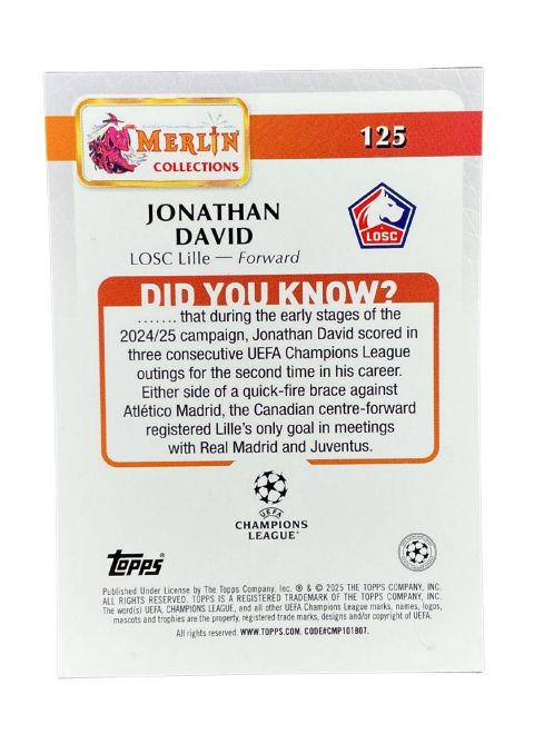2024-25 Topps Merlin UCC Jonathan David #125 Back