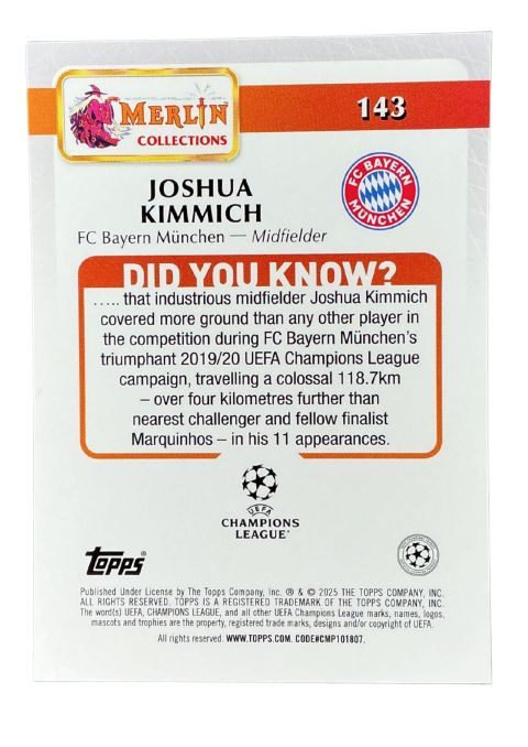 2024-25 Topps Merlin UCC Joshua Kimmich #143 Back