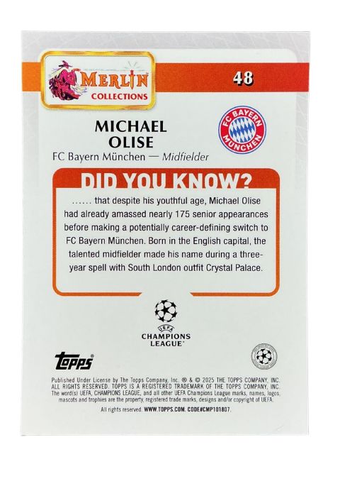 2024-25 Topps Merlin UCC Michael Olise #48 Back