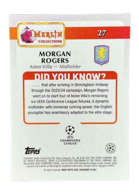 2024-25 Topps Merlin UCC Morgan Rogers #27 Back