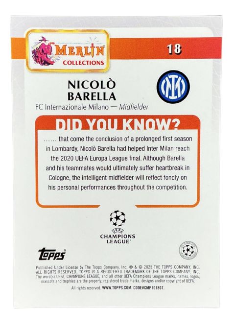 2024-25 Topps Merlin UCC Nicolo Barella #18 Back
