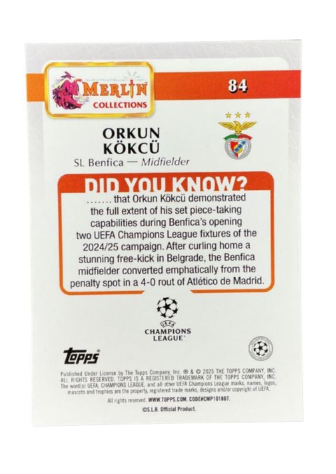 2024-25 Topps Merlin UCC Orkun Kokcu #84 Back
