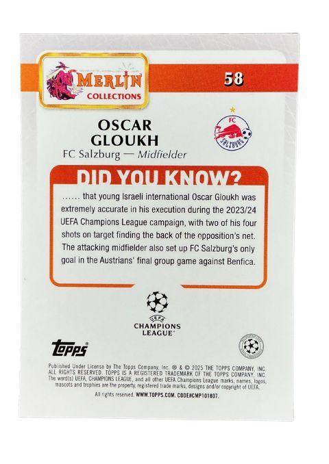 2024-25 Topps Merlin UCC Oscar Gloukh #58 Back