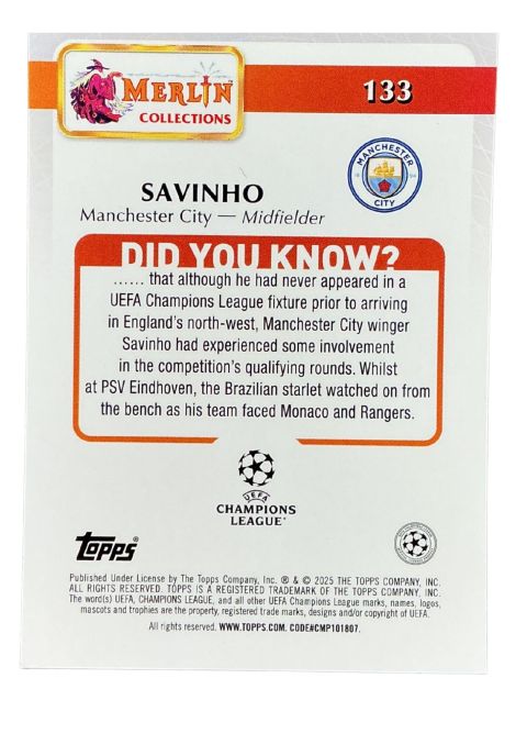 2024-25 Topps Merlin UCC Savinho #133 Back