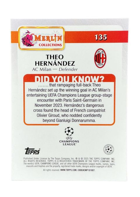 2024-25 Topps Merlin UCC Theo Hernandez #135 Back