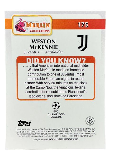 2024-25 Topps Merlin UCC Weston Mckennie #175 Back