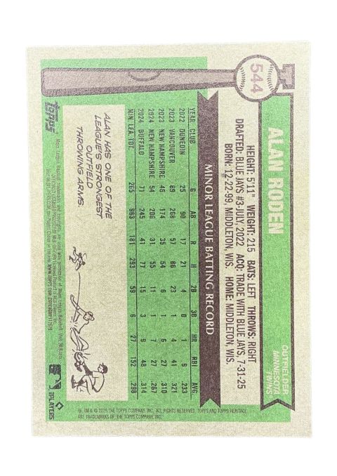 2025 Topps Heritage Alan Roden RC #544 Back