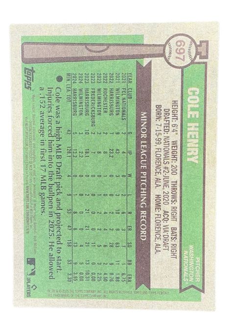 2025 Topps Heritage Cole Henry RC #697 Back