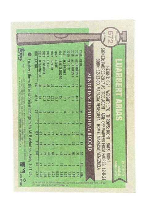 2025 Topps Heritage Luarbert Arias RC #672 Back