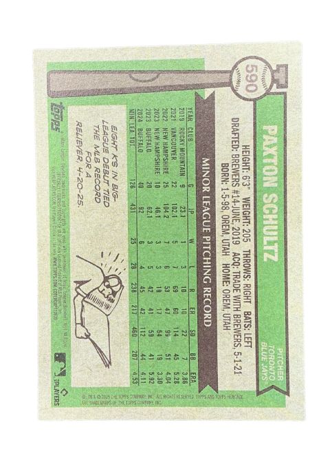 2025 Topps Heritage Paxton Schultz RC #590 Back
